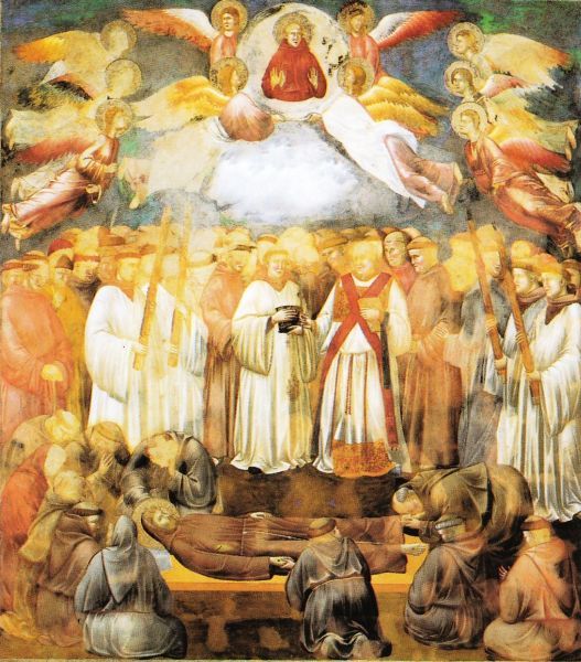 Tenslotte liet hij het evangelieboek brengen en vroeg hem het evangelie van Johannes voor te lezen beginnend bij: "Zes dagen voor het paasfeest, toen Jezus wist dat zijn uur gekomen was en Hij naar de Vader zou gaan…" (Johannes 13,01). De minister was al van plan geweest dit evangelie te lezen, voordat het hem verzocht werd, en toen hij het boek opensloeg, was dit bovendien meteen het eerste wat hem onder ogen kwam. Toch bevatte het boek waaruit men het evangelie moest lezen, de volledige Heilige Schrift. Daarna liet de heilige zich neerleggen op een habijt en zich met as bestrooien, hij, die al heel spoedig alleen maar stof en aarde zou zijn. Veel broeders, wier vader en leidsman hij was, kwamen er nu bij. En terwijl ze eerbiedig stonden te wachten op zijn zalig afsterven en de voltooiing van zijn zalig leven, steeg zijn zeer heilige ziel, zich losmakend uit het lichaam, op in de grondeloze zee van het eeuwige licht.