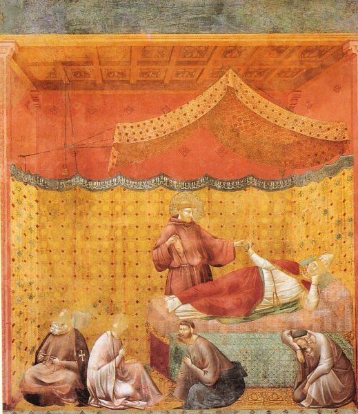 Na Franciscus' dood braken er woelige tijden aan voor de kerk. Paus Gregorius IX († 1241) besloot Rome zelfs te verlaten om verder onheil te voorkomen. Hij begaf zich naar de streek waar Franciscus was rondgetrokken, en waar de heilige levenswijze van diens broeders en zusters herinnerden aan zijn inspiratie. Zij vertelden hem over Christus' wondentekenen in het lichaam van de heilige. Maar dat kon de paus toch maar moeilijk geloven. Daarop verscheen hem in een droom Franciscus zelf. Toonde hem zijn bloedende zijde en vroeg hem zelfs een glas te laten brengen om het stromende bloed in op te vangen. Deze droom heeft bijgedragen aan de snelle heiligverklaring van Franciscus.