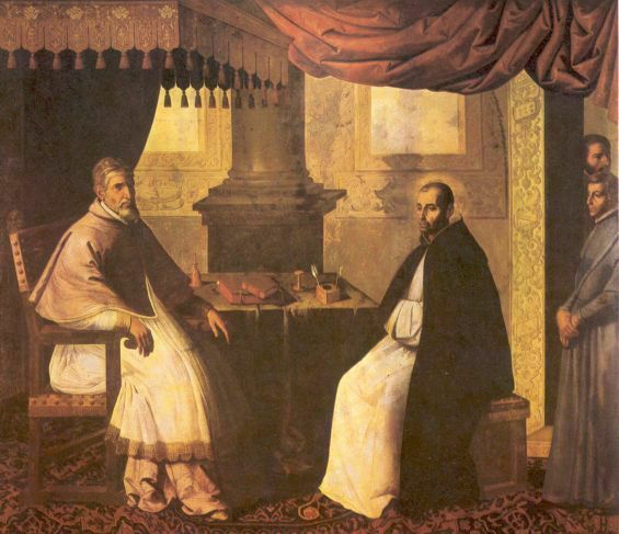 Bruno (rechts) als raadsman bij paus Urbanus II (links). vóór 1664, Zurbaran, schilderij.