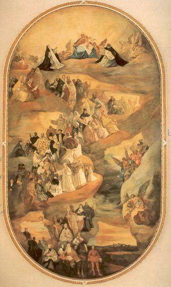 Maria overhandigt rozenkrans aan Dominicus en Catharina van Siena.