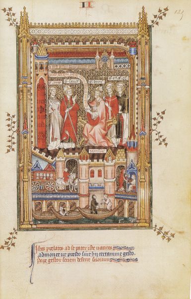 Dion(ysius) van St-Denis (+ ca 250; feest 9 oktober), zittend met achter hem resp. R(usticus) en El(eutherius) geeft opdracht aan Sanct(inus) (2e van links met mijter) en Anto(ninus) (1e van links) zijn biografie te schrijven.
