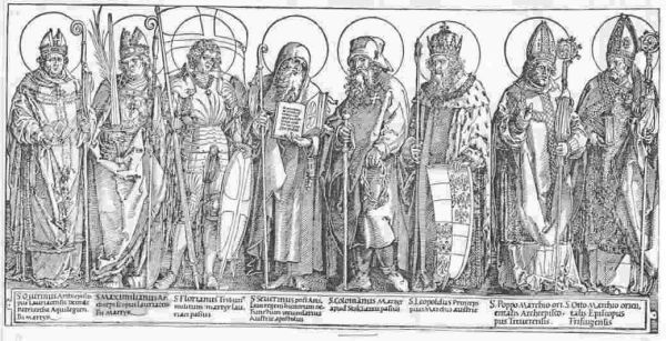 Illustratie. Van links naar rechts: Quirinus van Siscia (feest: 4 jun) Maximilianus van Lorch Florianus van Lorch (feest: 4 mei) Severinus van Noricum (feest: 8 jan) Colman (ook Koloman) van Stockerau (feest:13 okt) Leopold de Goede ( feest: 15 nov) Poppo van Deinze (feest 25 jan) Otto van Freising (feest: 22 sep).