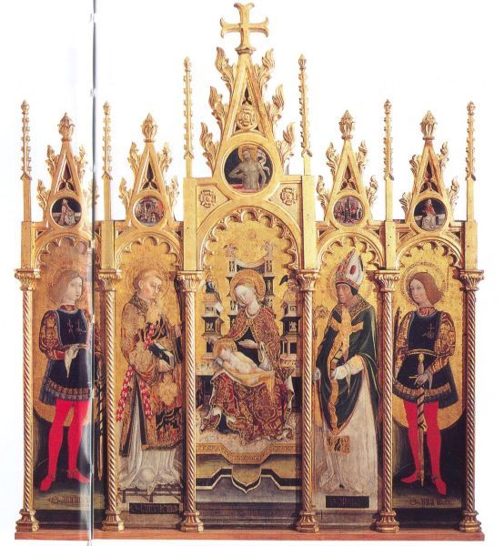 Midden: Madonna; helemaal links: Amelius (naast Laurentius); helemaal rechts: Amicus (naast Albinus-Vercelli).