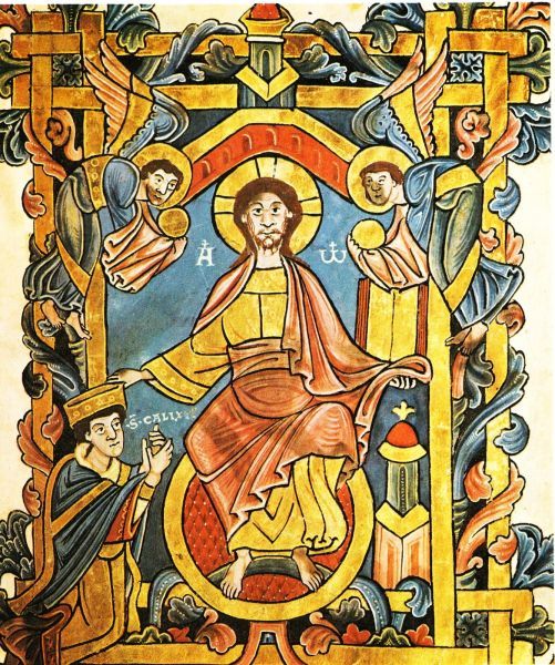 Paus Callixtus in aanbidding aan de voeten van Christus die hem kroont met het hoofddeksel van een hoogwaardigheidsbekleder.