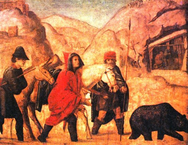 Sint Gallus legt de beer uit dat er voor hem geen plaats is waarop de beer vertrekt (op achtergrond kluis van Sint Gallus in een spelonk). Vóór 1516, Bellini, paneelschildering.