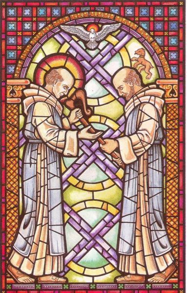 Gallus krijgt de staf van Columbanus overgereikt. (Martin WALLACE 'Celtic Saints', Ierland, Belfast, Apple Tree).
