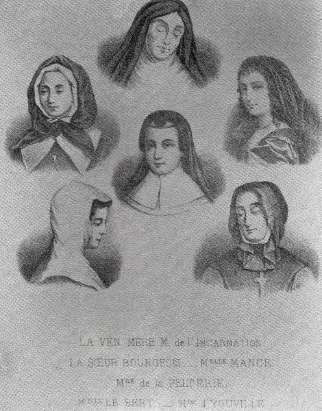 Marguerite (rechts onder) afgebeeld met 5 andere vrouwen-pioniers in het Frans sprekende Canada van 17e/18e eeuw. Canada