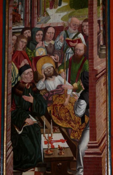 Rechterpaneel: Lukas'dood. Op de voorgrond zijn sterfbed. Een priester, met boek in de hand, besprenkelt hem met wijwater. Een diaken geeft hem een brandende kaars in de hand, zoals destijds gebruikelijk. Op tafel de benodigdheden voor de laatste sacramenten: kruis en kaarsen, wierook en wijwater. De man in het groen links voor lijkt dezelfde als de man die mee aanzit bij de Emmausgangers: de geldschier? Of opdrachtgever? Linksboven in de hoek zien we nog juist hoe Lukas is gekist.