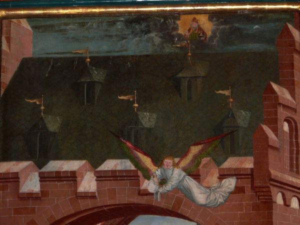 Rechterpaneel: Lukas'dood. Boven hem een engel die zijn ziel naar de hemel draagt. Helemaal hoog, juist onder de bovenlijst: God de Vader (of Christus?) met wereldbol.