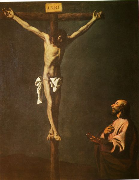 Lukas in gesprek met de gekruisigde Christus.