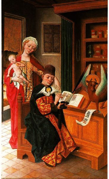 Lukas schrijft zijn evangelie onder het toeziend oog van de Madonna.