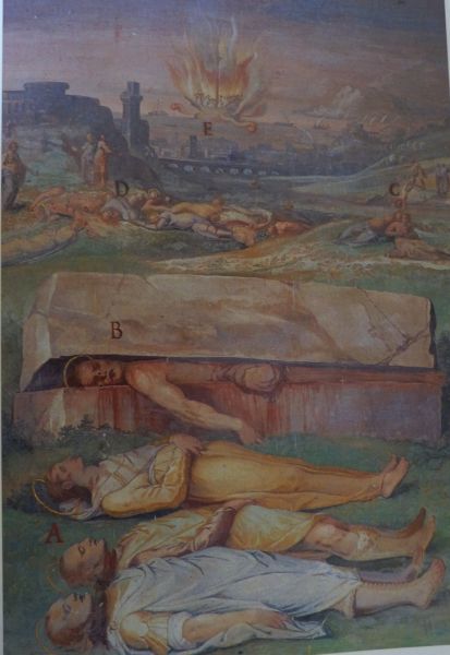 Op de voorgrond de lijken van de martelaren Johannes & Paulus daarachter Bibiana (+ 363; feest 02 december); daarchter, onder de zerk: Artemius van Egypte (+ 363; feest 20 oktober). vóór 1596, wandschildering, Nicolò Circignano.