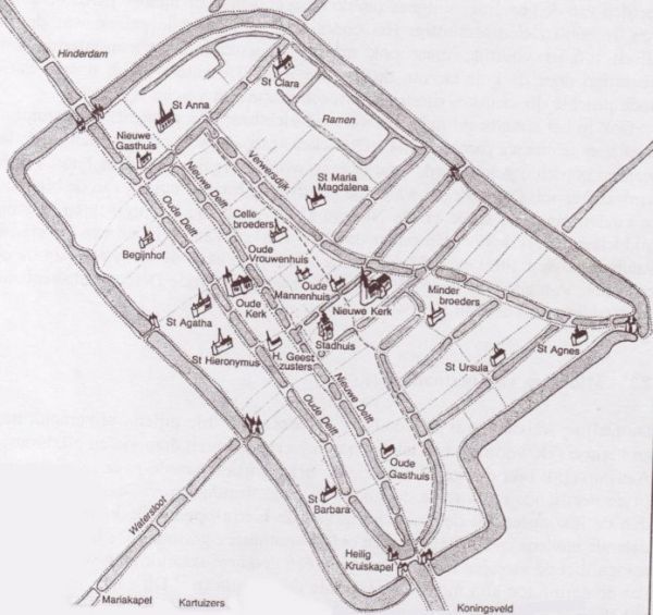 Vrij naar de stadsplattegrond door Jacob van Deventer Delft in het midden van de zestiende eeuw. Uit: 'DEVOTIE EN NEGOTIE, Delft als bedevaartplaats in de late middeleeuwen' Door G. Verhoeven. ISBN90-5383-089-8 (p 11).