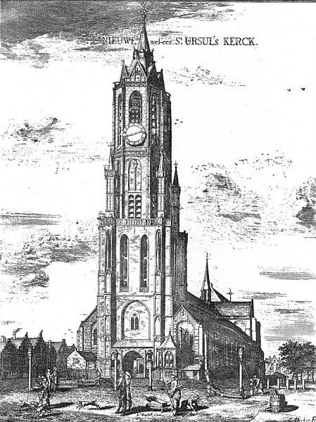 Oude illustratie waar vermeld wordt dat de Nieuwe Kerk van Delft eerst de kerk van de heilige Ursula was.