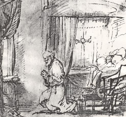 Tekening door Rembrandt van Rijn Petrus knielt in gebed bij Tabitha.