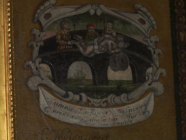 Crispinus en Crispinianus met molensteen om de hals van de brug geworpen.