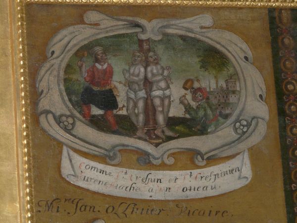Crispinus en Crispinianus aan een paal gespijkerd.