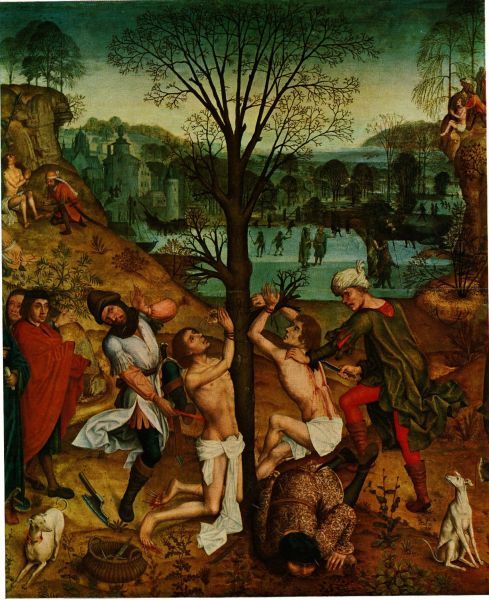 Op de voorgrond worden Crispinus en Crispinianus gegeseld; links boven: gevild; rechts boven van de rots in het water geworpen.