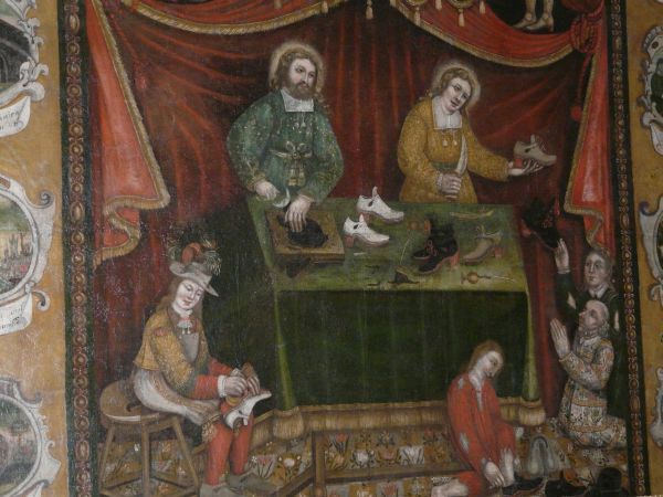 Crispinus en Crispinianus aan het werk in hun schoenmakerswerkplaats. met klanten (rechts) en knechten (vooraan).