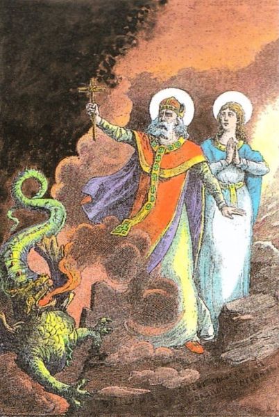 Hilarius verjaagt een boosaardig monster. Abdis (voormalige prinses) Enimia staat achter hem Frankrijk