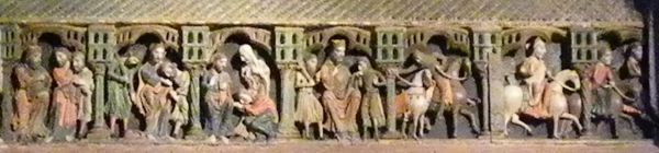 Reliëf op graf van Drie Martelaren: 6 scènes v.l.n.r.: 1. Vincentius, bewaakt, voor consul Dacianus 2. Wonder van het voetspoor 3. Sabina en Christeta bezoeken hun broer Vincentius 4. Dacianus verneemt hoe... 5. De drie heiligen vluchten naar Ávila 6. Dacianus gebiedt ze te achtervolgen