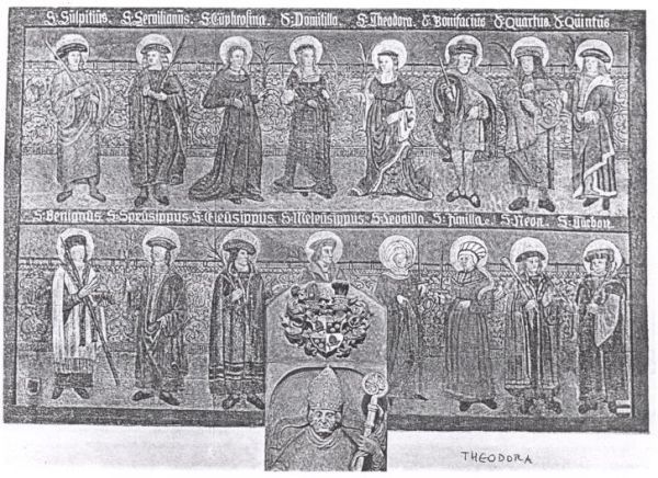 <1 600. Wandschildering Bovenste rij van links naar rechts: Sulpitus en Servillianus van Rome (20 apr); Flavia Domitilla van Rome met links mede-martetelares Eufrouna en rechts mede-martelares Theodora (12 mei); Bonifatius van Tarsus (14 mei); Quartus van Rome (of Capus) en Quintus (10 mei). Onderste rij van links naar rechts: Benignus van Dijon (1 nov) leermeester van de drieling Speusippus, Eleusippus, Meleusippus tezamen met hun medemartelaren Leonilla, Junilla, Neon en Turbon (17 jan).