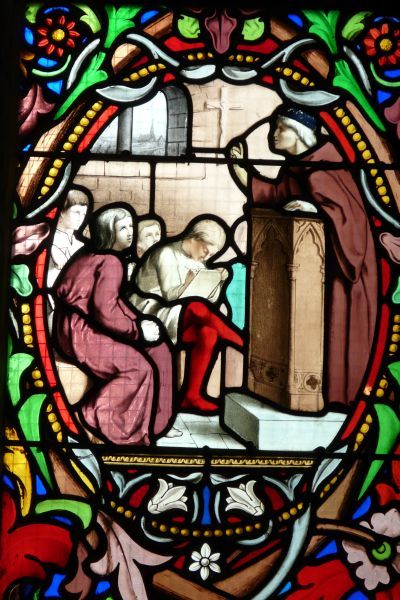 Salaün steekt op school niets op. ± 1900(?), glasschilderkunst.