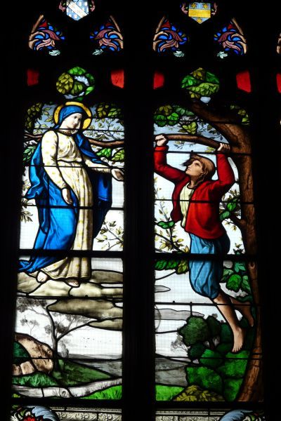 Salaün mag zich dan vreemd gedragen, aan hem verschijnt Maria. ± 1900(?), glasschilderkunst.