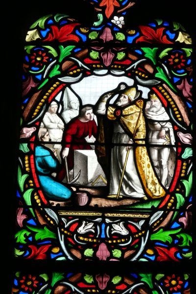 Eerste steen voor de bouw van de bedevaartkerk wordt door de bisschop gezegend. ± 1900(?), glasschilderkunst.
