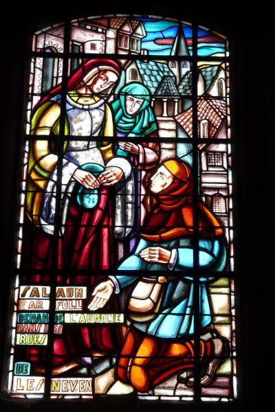 Salaün scharrelt bedelend zijn kostje bij elkaar. ± 1930(?), glasschilderkunst.