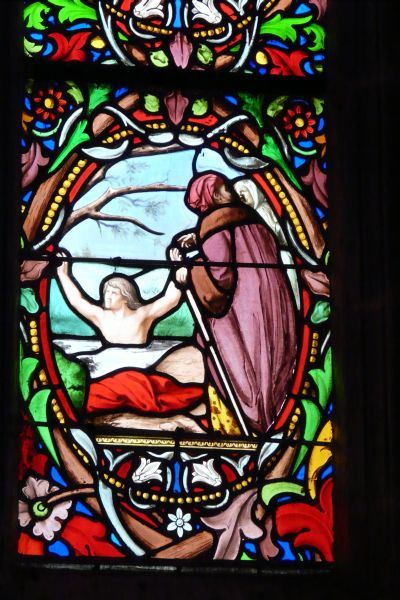 Zomer of winter, Salaün baadt zich in de beek. ± 1900(?), glasschilderkunst.