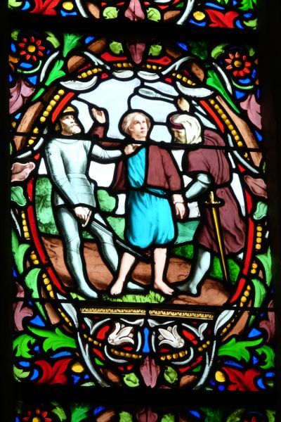 Twee soldaatstruikrovers ontdekken dat bij Salaün niets te halen valt. ± 1900(?), glasschilderkunst.