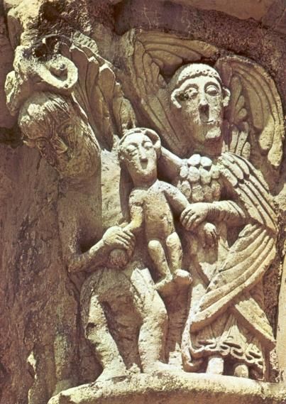 Frankrijk, St-Benoît-sur-Loire, basiliek De ziel tussen duivel en engelbewaarder.