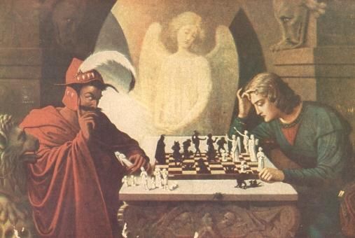 Satan speelt met de mens schaak om zijn ziel.