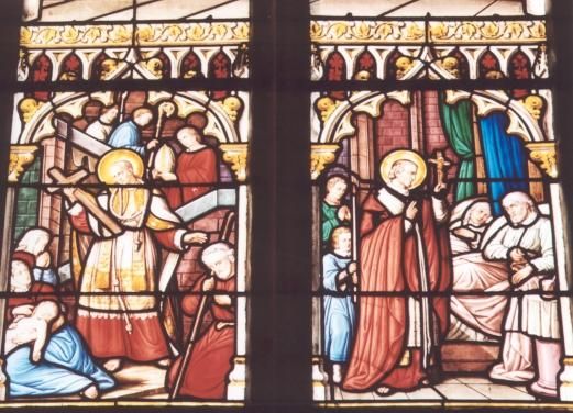 Links: Carolus Borromeus preekt voor de armen; achter hem houdt men de bisschopsmijter in gereedheid (hij werd al op 23 jarige leeftijd bisschop) Rechts: Bezoekt zieken en stervenden.