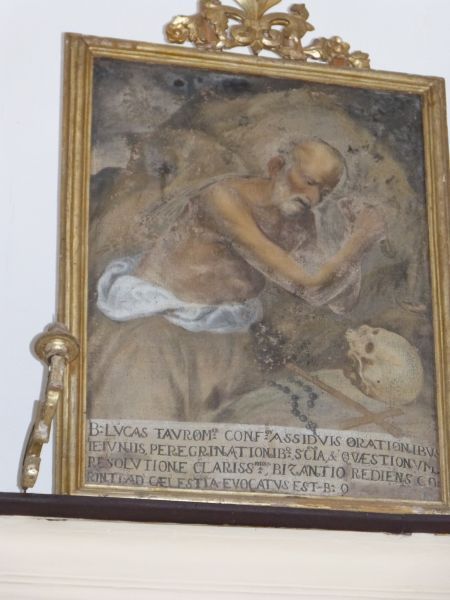 Lukas weergegeven in zijn gestrenge levenswijze: zichzelf geselend om te oefenen in het doorstaan van pijn met een schedel, symbool van de eindigheid. Ca 1770, schilderij