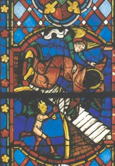 Glasschilderkunst. Martinus valt van de trap.