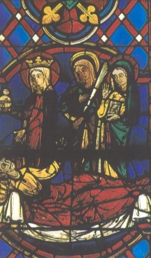 Glasschilderkunst. Martinus wordt bezocht door Maria (voorop), daarachter Thecla (martelaarspalm) en Agnes.