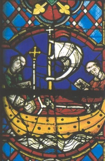 Glasschilderkunst. Twee broeders vervoeren het lijk van Martinus.