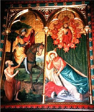 Eind 19e eeuw. Paneel altaarretabel. Martinus van Tours deelt links mantel met bedelaar; droomt de nacht erna van Christus gehuld in het stuk mantel van die bedelaar.