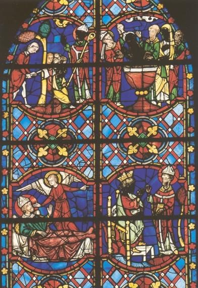 Glasschilderkunst. Links-boven: Een man hakt met een verbeten trek op de boom in. Merkwaardig: volgens het verhaal is het een heidense boom, maar de kunstenaar beeldt hem af als een granaatappelboom, symbool van Gods overvloedige liefde. Vanuit christelijk oogpunt zal hij dat ook uiteindelijk blijken te zijn... Rechts-boven: Onduidelijk op welke gebeurtenis dit tafereel betrekking heeft.Wordt iemand door toedoen van Martinus gedoopt? De dopeling is helaas ernstig verweerd. Links-onder: Martinus door een engel genezen Rechts-onder: Rechts staat Martinus, herkenbaar aan zijn heiligenkrans. Tegenover hem troont de caesar, kroon op het hoofd, voetbank aan zijn voeten. Helaas is zijn gezicht verweerd.
