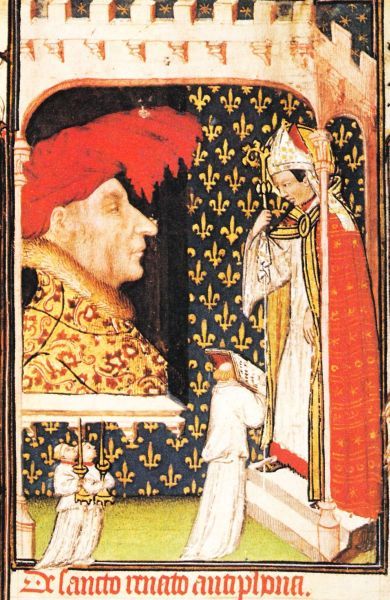 Rechts bisschop René van Angers, patroonheilige van hertog René van Anjou (+ 1480), tegenover hem afgebeeld. Een acoliet houdt bij wijze van lezenaar een liturgisch boek op zijn hoofd zodat de bisschop eruit kan bidden. Ca 1480, boekillustratie uit het getijdenboek van René van Anjou.