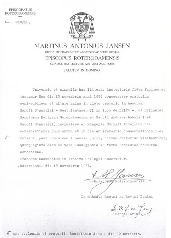 Officiëel stuk over de wijding van de Stanislaskapel op 13 november 1956.