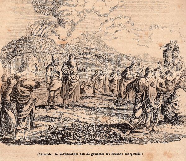 Alexander (links) door Gregorius (rechts) gepresenteerd als de nieuwe bisschop. Op de achtergrond de kolenbranderij waar hij werkte.