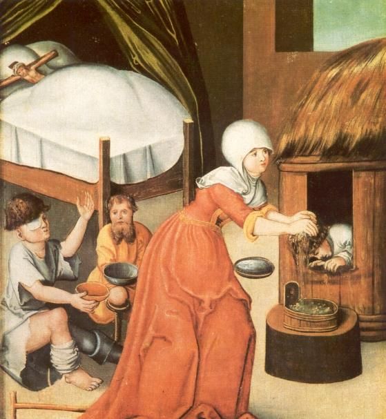 Elisabeth verzorgt armen en zieken (op achtergrond Christus in bed!).