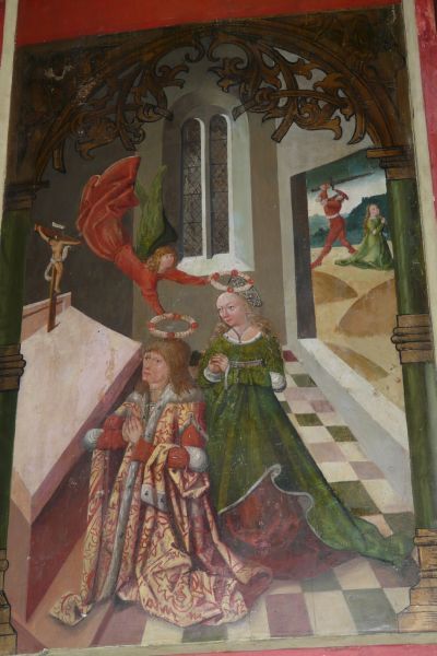 Rechts boven: marteldood Cecilia. Voorgrond: engel plaatst kroon op hoofd van Cecilia en Valerianus.