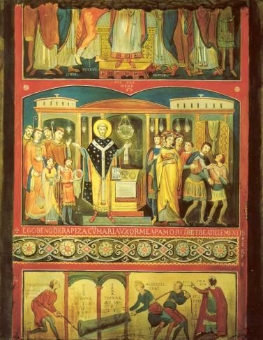 Italië, Rome,kerk San Clemente benedenkerk Een zeker Sisinnius komt tussenbeide op het mement dat paus Clemens de mis opdraagt.