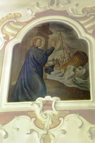 Romanus van Blaye, Frankrijk; Romanus redt zeelui. Het is onduidelijk hoe de Zuid-Franse Romanus in een Zuid-Duits kerkje terecht komt?