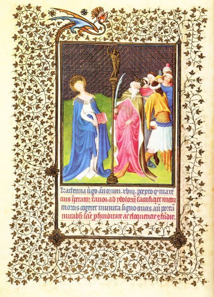 Catharina weigert afgoden te vereren. illuminatie getijdenboek Duc du Berry.