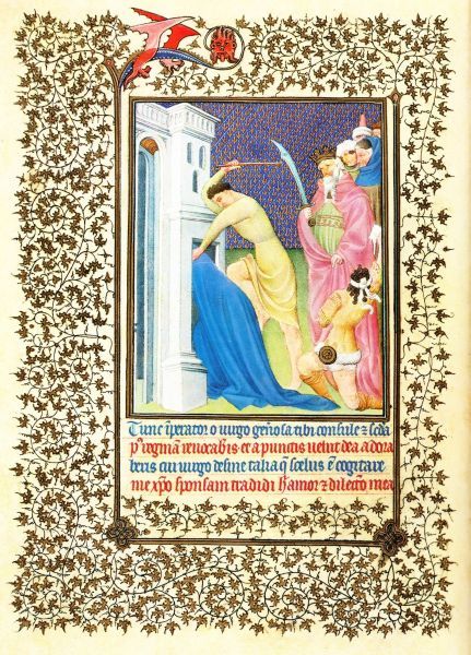 Catharina in gevangenis gestopt. illuminatie getijdenboek Duc du Berry.